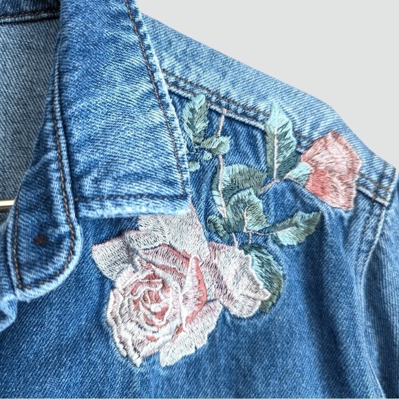 Mavi Blue Denim Shirt Jacket with Pink & Green Floral Embroidery - Picture 3 of 9
